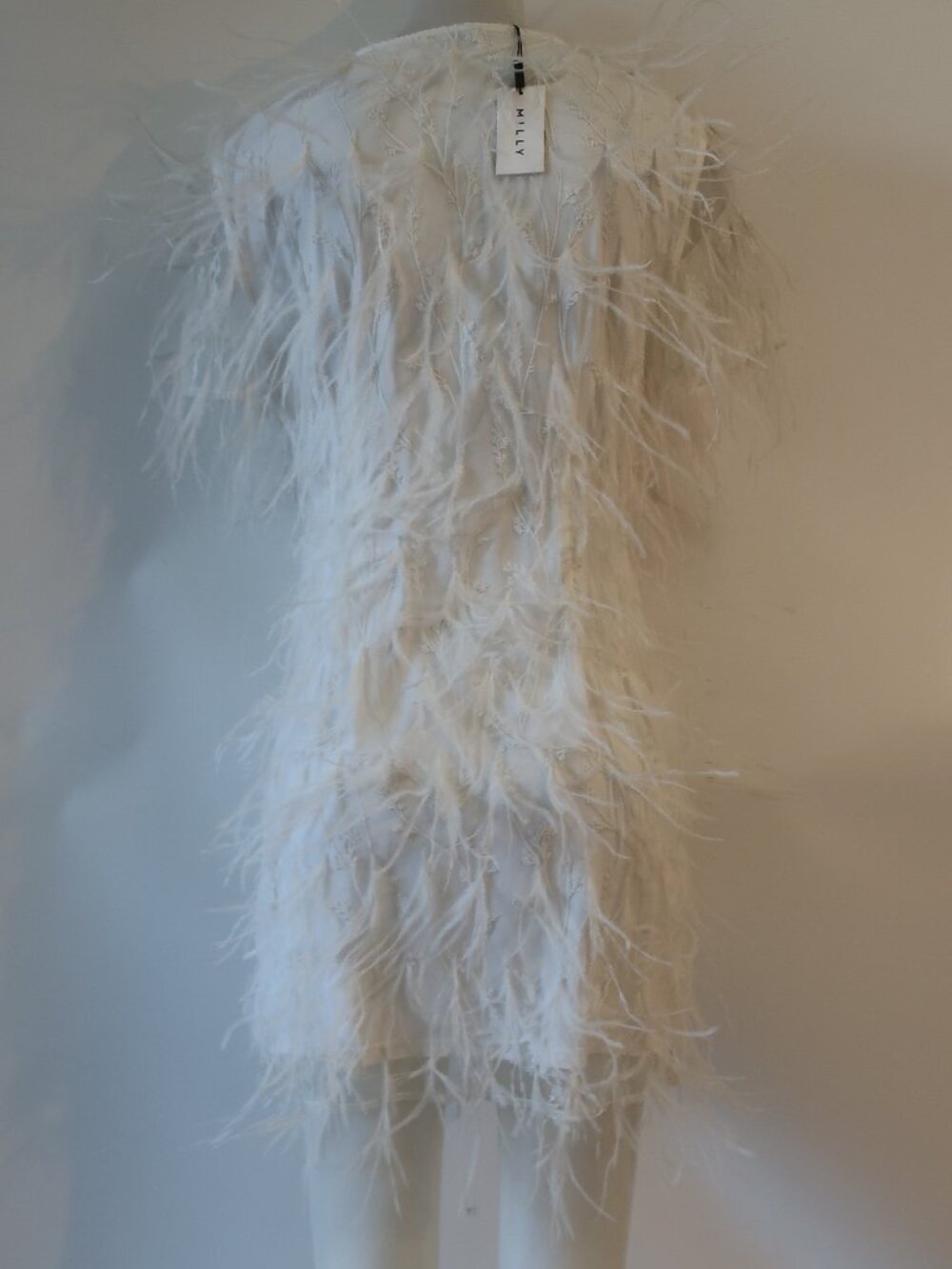 NWT Women Milly Rana White (Item-7014) Short Sleeve Feather Mini Shift Dress S - Picture 9 of 14